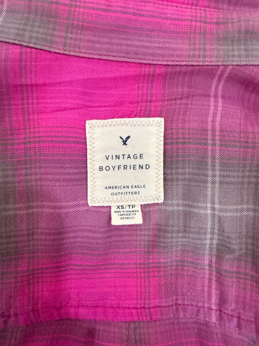 American Eagle Vintage Boyfriend Pink Gray Plaid Flannel Button-Down XS - Picture 13 of 14
